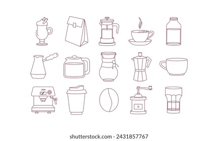 15 outline coffee icons. Cup of coffee, coffee machine, Turk, French press. Vector illustration