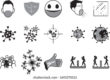 15 pcs set of Coronavirus Covid-19 Pandemic, Epidemic, Virus, Infection Related Vector Grayscale Icons. Contains Virus, Protection, Symptoms illustration.