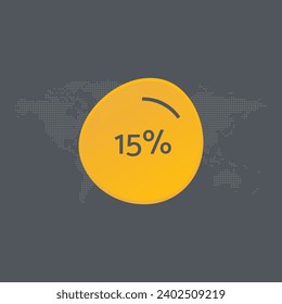 15 percent chart. Vector symbol. Percentage infographic sign. Dotted world map background. Illustration, icon for business, finance, progress, report, web design, download