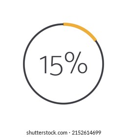 15 percent circle chart. Vector percentage infographic element. Yellow isolated icon. Sign for download, growth, progress, business, finance, design