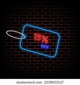 15%. 15 percent discount. neon style. Selling special offers. Discount label in neon style. for a retail advertising campaign on shopping day. brick background. vector illustration.