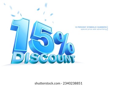 15 percent discount number symbol 3d font blue Isolated on white background. advertisements, coupons, sales promotions. illustrator 3d vector file.