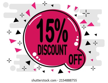 15 percent discount. Offer sign for price reduction in stores and sales in pink.