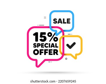 15 percent discount offer tag. Ribbon bubble chat banner. Discount offer coupon. Sale price promo sign. Special offer symbol. Discount adhesive tag. Promo banner. Vector