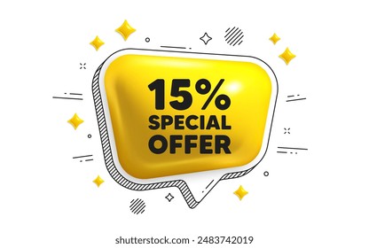 15 por ciento de descuento etiqueta de oferta. Icono de burbuja 3d de voz de chat. Signo de promoción de Precio de venta. Símbolo de oferta especial. Mensaje de chat de descuento. Anuncio de burbuja de voz con rayas. Globo de texto amarillo. Vector