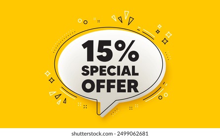 Etiqueta de oferta de 15 por ciento de descuento. Anuncio amarillo de la burbuja del discurso 3D. Signo de promoción de Precio de venta. Símbolo de oferta especial. Descuento mensaje de burbuja de discurso de chat. Infografías de cuadro de diálogo. Vector