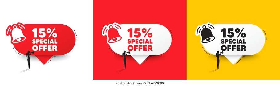 etiqueta de oferta de desconto de 15%. Bolhas de fala com silhueta de sino e mulher. Sinal de promoção de preço de venda. Símbolo de oferta especial. Mensagem de fala do chat com desconto. Mulher com megafone. Vetor