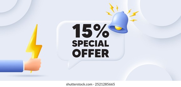 etiqueta de oferta de desconto de 15%. Fundo neumórfico com balão de conversação. Sinal de promoção de preço de venda. Símbolo de oferta especial. Mensagem de fala de desconto. Banner com energia. Vetor