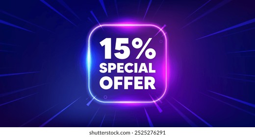 etiqueta de oferta de desconto de 15%. Banner de caixa de moldura de luz de néon. Sinal de promoção de preço de venda. Símbolo de oferta especial. Desconto neon luz quadro mensagem. Vetor