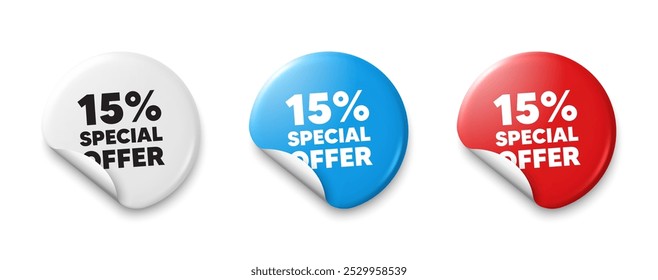 etiqueta de oferta de desconto de 15%. Etiqueta de preço com mensagem de oferta. Sinal de promoção de preço de venda. Símbolo de oferta especial. Faixas de etiquetas adesivas. Crachá de etiqueta de desconto. Vetor