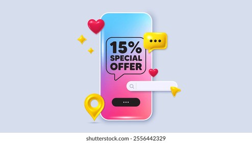 15 percent discount offer tag. Social media phone app banner. Sale price promo sign. Special offer symbol. Social media search bar, like, chat 3d icons. Discount message. Vector