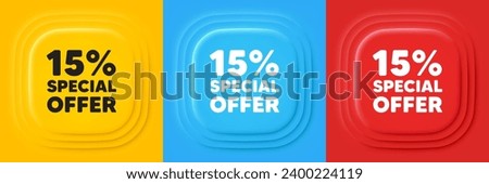 15 percent discount offer tag. Neumorphic offer banners. Sale price promo sign. Special offer symbol. Discount podium background. Product infographics. Vector