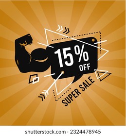 15 PERCENT DISCOUNT ON SALE, SUPER SALE WITH UNMISSSIBLE DISCOUNT OF FIFTEEN PERCENT, BALLOON, PERCENTAGE, ORANGE BACKGROUND