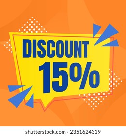 15 percent discount orange banner with yellow floating balloon for offers and promotions sales.