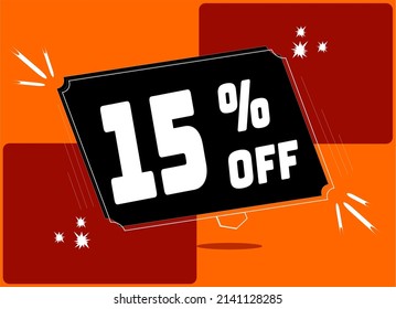 -15 percent discount. 15% discount. Up to 15%. Orange and red banner with floating balloon for promotions and offers.  Vector. Discount and offer board.
