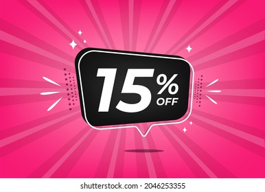 15 percent discount. Pink banner with floating balloon for promotions and offers.