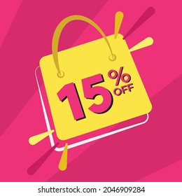 15 percent discount. Pink banner with floating bag for promotions and offers