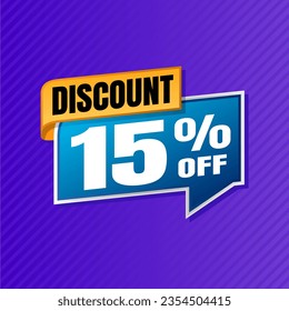 15 percent discount purple banner with blue floating balloon for offers and promotions sales.