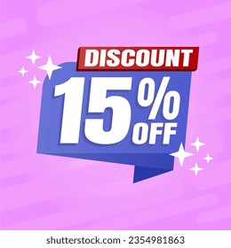 15 percent discount purple banner with blue floating balloon for offers and promotions sales.