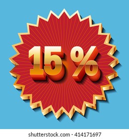 15 percent of discount sale. The volume number fifteen on the red star of the volume. eps10
