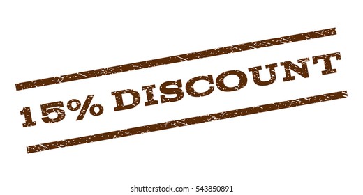 15 Percent Discount watermark stamp. Text tag between parallel lines with grunge design style. Rubber seal stamp with unclean texture. Vector brown color ink imprint on a white background.