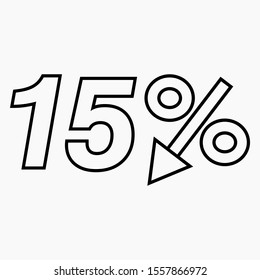 15 percent drop dark icon on a white background.  Price drop. Interest rate reduction. Sell-out. Stock symbol. Discount. Markdown of goods. Bonus discount. Vector icon.