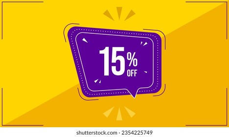 15 percent, fifteen percent. Discount banner shape. Sale coupon purple bubble icon. Special offer badge. Yellow abstract background. Modern concept design. Banner with offer badge. Vector