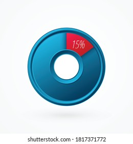 15 percent isolated pie chart. Percentage vector symbol, infographic blue red gradient icon. Circle sign for business, finance, web design, download, progress