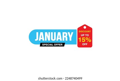 15 Percent JANUARY discount offer, clearance, promotion banner layout with sticker style.