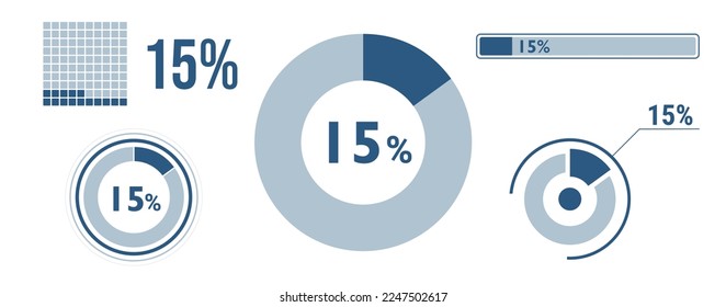 15 percent loading data icon set. Fourteen circle diagram, pie donut chart, progress bar. 15% percentage infographic. Vector concept collection, blue color.