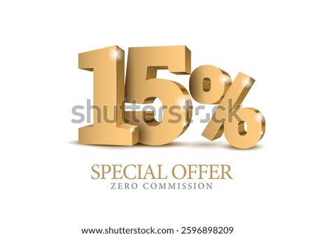 15 percent number. Ten number in gold 3d. Poster template for discount forty percent, sale discount, work progress. Vector illustration