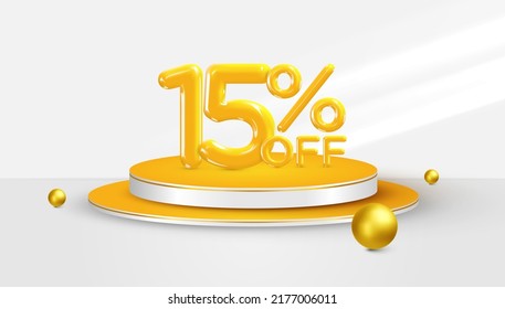 15 percent Off. 3d Fifteen percent bonus symbol on a podium stage. Sale banner or poster design. Vector illustration.