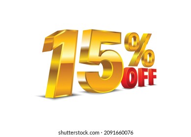 15% de descuento, objeto 3D vector 3D, dorado y color rojo con fondo blanco