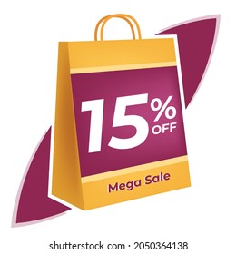 15 percent off. 3D Yellow shopping bag concept in white background.