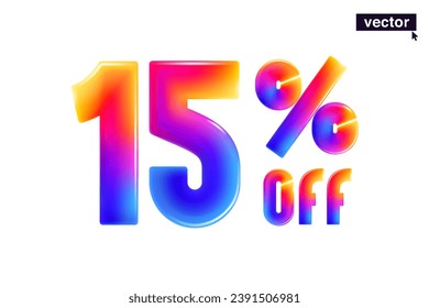 15% percent OFF cartoon vivid lettering. Realistic 3D Special Price design. Holiday Sale vector banner. Gradient emblem for Discount coupon, Buy Now promo, multicolored emblems, vibrant futuristic ad.