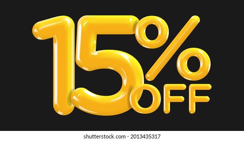 15 percent Off. Discount creative composition of golden or yellow balloons. 3d mega sale or fifteen percent bonus symbol on black background. Sale banner and poster. Vector illustration.