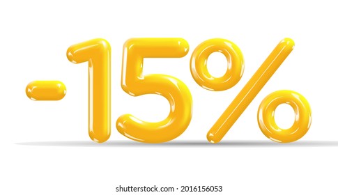 15 percent Off. Discount creative composition of golden or yellow balloons. 3d mega sale or fifteen percent bonus symbol on white background. Sale banner and poster. Vector illustration.