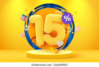 15 percent Off. Discount creative composition. Sale symbol with decorative objects. Sale banner and poster. Vector illustration.