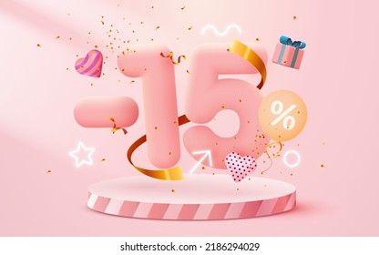 15% percent Off. Discount creative composition. 3d sale symbol with decorative objects, balloons, golden confetti, podium and gift box. Sale banner and poster. Vector illustration.