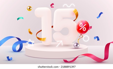 15 percent Off. Discount creative composition. 3d sale symbol with decorative objects, balloons, golden confetti, podium and gift box. Sale banner and poster. Vector illustration.