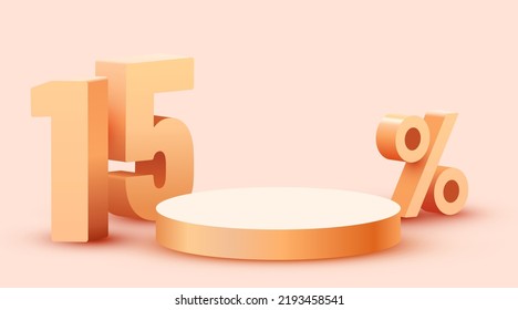 15 percent Off. Discount creative composition. Product presentation, mock up, podium. Sale banner and poster. Vector illustration.