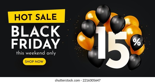 15 percent Off. Discount creative composition. Black Friday sale symbol with balloons and golden confetti. Sale banner and poster. Vector illustration.