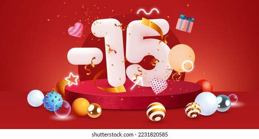 15 percent Off. Discount creative composition. Merry Christmas and Happy New Year. Sale banner and poster. Vector illustration.