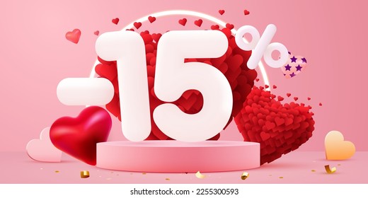 15 percent Off. Discount creative composition. 3d sale symbol with decorative objects. Valentine's day promo. Sale banner and poster. Vector illustration.