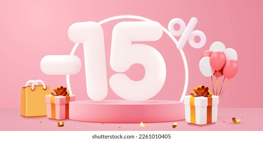 15 percent Off. Discount creative composition. Sale symbol with decorative objects, balloons, golden confetti, podium and gift box. Sale banner and poster. Vector illustration.