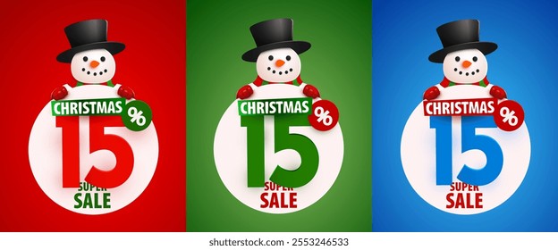 15 percent Off. Discount creative composition with snowman in hat. Merry Christmas and Happy New Year. Sale banner set. Vector illustration.