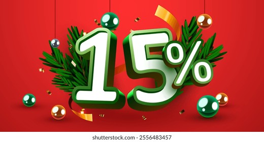 15 percent Off. Discount creative composition. Merry Christmas and Happy New Year. Sale banner and poster. Vector illustration.