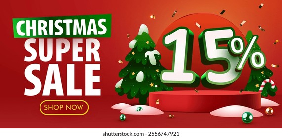 15 percent Off. Discount creative composition. Merry Christmas and Happy New Year. Sale banner and poster. Vector illustration.