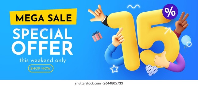 15 percent Off. Discount creative composition with happy hands Sale banner and poster. Vector illustration.