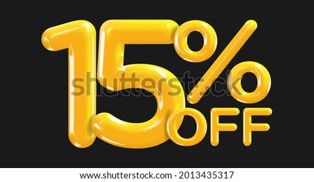 15 percent Off. Discount creative composition of golden or yellow balloons. 3d mega sale or fifteen percent bonus symbol on black background. Sale banner and poster. Vector illustration.
